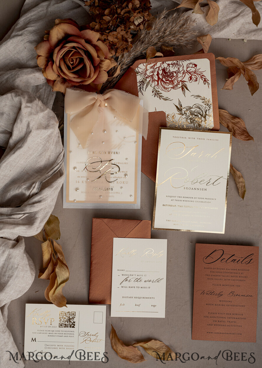 WEDDING INVITATIONS gold / rose gold / silver / glitter terracotta Chiffon bow beaded bespoke Elegant Burnt orange Gold Wedding Invitation Suite, White Perls Golden Wedding Cards, Boho golden folder Wedding Stationery, Vellum etui with monogram
