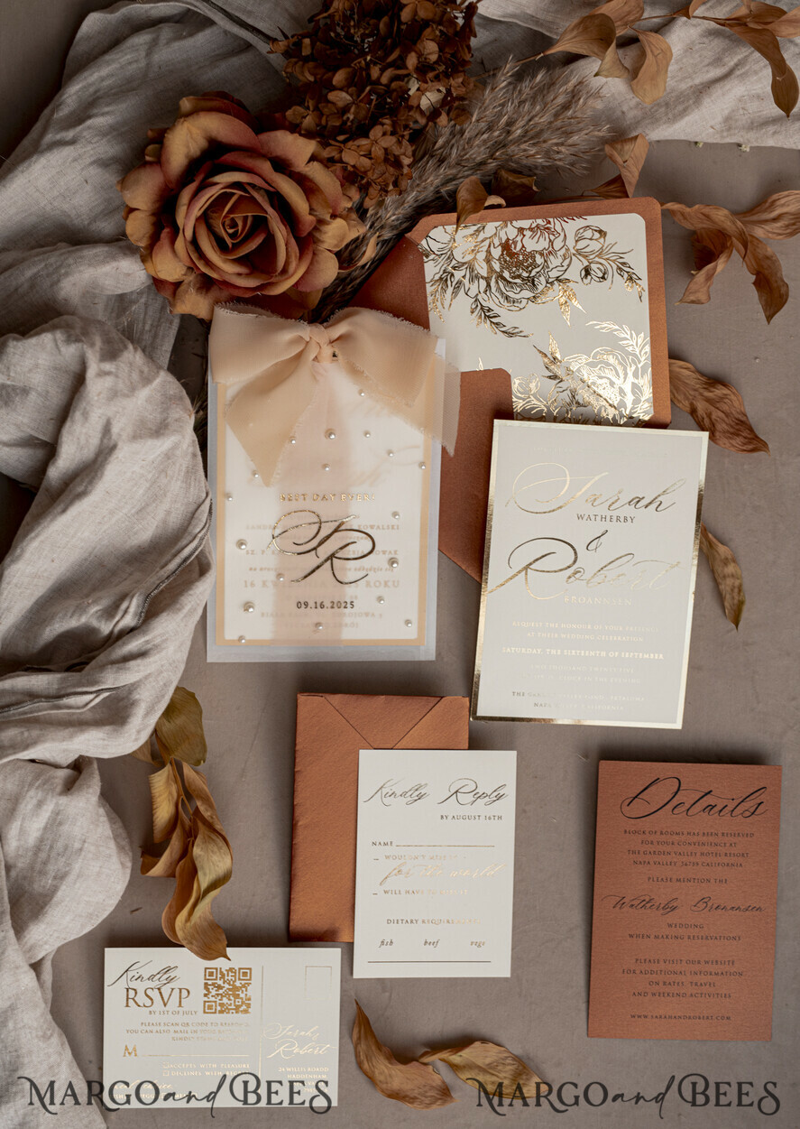 WEDDING INVITATIONS gold / rose gold / silver / glitter terracotta Chiffon bow beaded bespoke Elegant Burnt orange Gold Wedding Invitation Suite, White Perls Golden Wedding Cards, Boho golden folder Wedding Stationery, Vellum etui with monogram