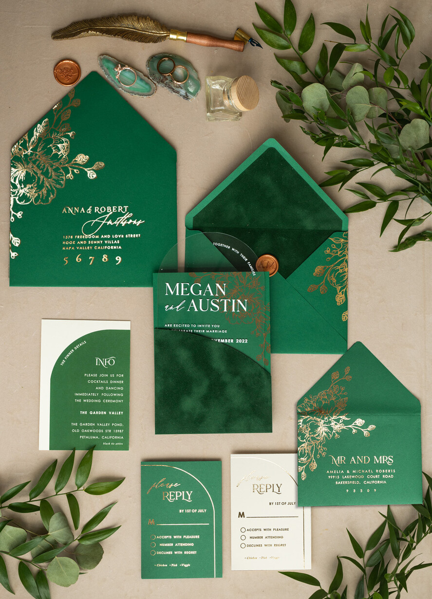 HOCHZEITS EINLADUNGEN Gold / Roségold / Silber / Glitzer Arch Gold Acryl Hochzeits Einladung Suite, Samtumschlag Grüne Hochzeitskarten, Glamour Hochzeits Einladungen, Grünpflanzen Hochzeits Set