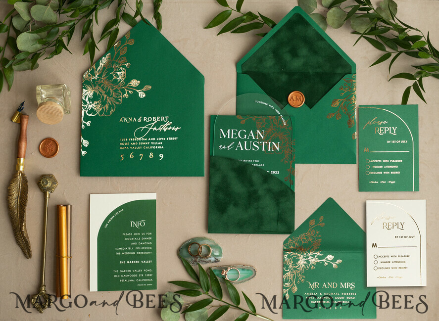 HOCHZEITS EINLADUNGEN Gold / Roségold / Silber / Glitzer Arch Gold Acryl Hochzeits Einladung Suite, Samtumschlag Grüne Hochzeitskarten, Glamour Hochzeits Einladungen, Grünpflanzen Hochzeits Set