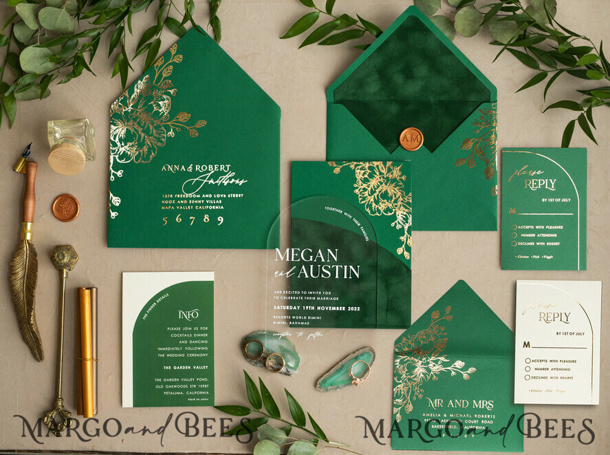HOCHZEITS EINLADUNGEN Gold / Roségold / Silber / Glitzer Arch Gold Acryl Hochzeits Einladung Suite, Samtumschlag Grüne Hochzeitskarten, Glamour Hochzeits Einladungen, Grünpflanzen Hochzeits Set
