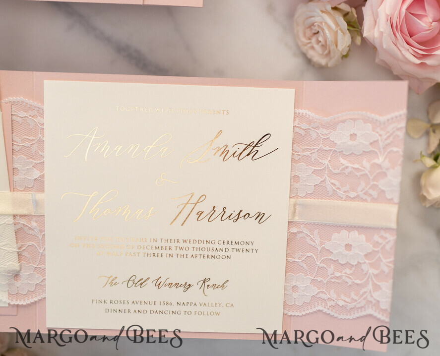 WEDDING INVITATIONS gold / rose gold / silver / glitter Luxury Golden Shine Wedding Invites, Elegant Lace Wedding Invitations, Romantic Blush Pink Wedding Cards, Glamour Gold Foil Wedding Stationery