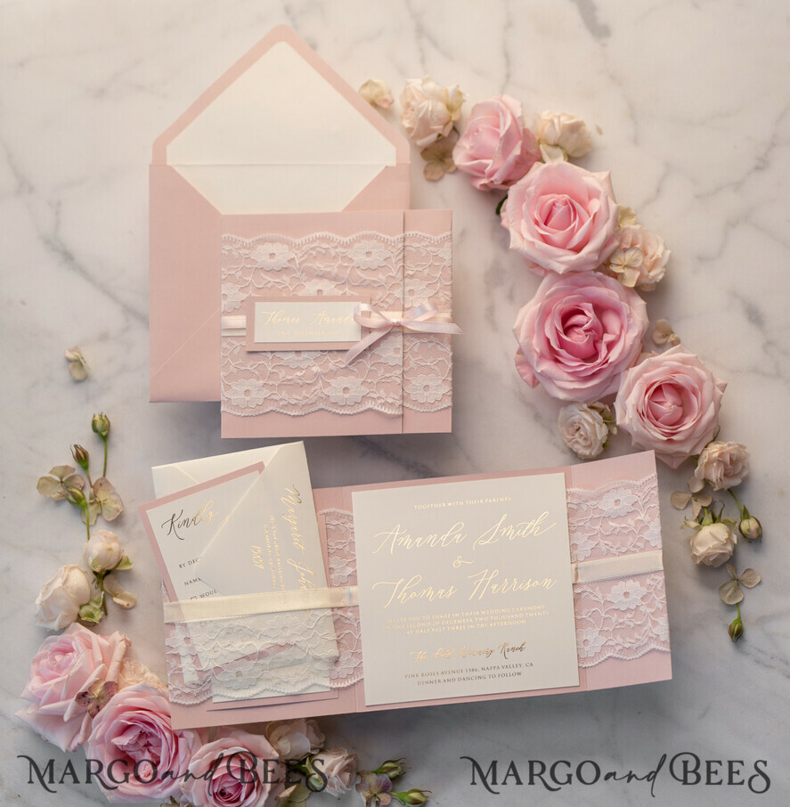 WEDDING INVITATIONS gold / rose gold / silver / glitter Luxury Golden Shine Wedding Invites, Elegant Lace Wedding Invitations, Romantic Blush Pink Wedding Cards, Glamour Gold Foil Wedding Stationery
