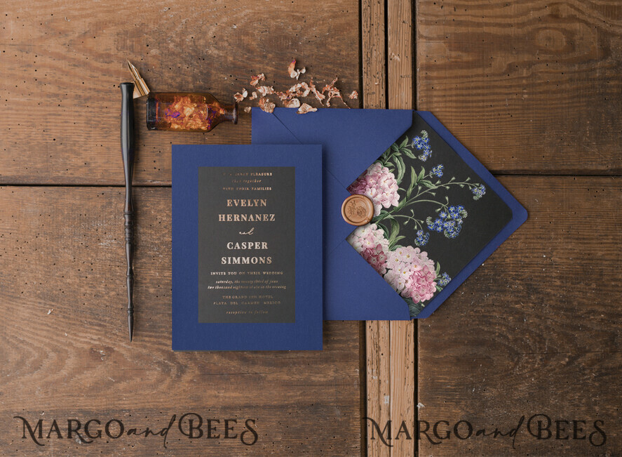 WEDDING INVITATIONS gold / rose gold / silver / glitter Luxury Indian Wedding Invitations, Glamour Gold Foil Wedding Invites, Bespoke Black Wedding Cards, Elegant Royal Navy Wedding Invitation Suite