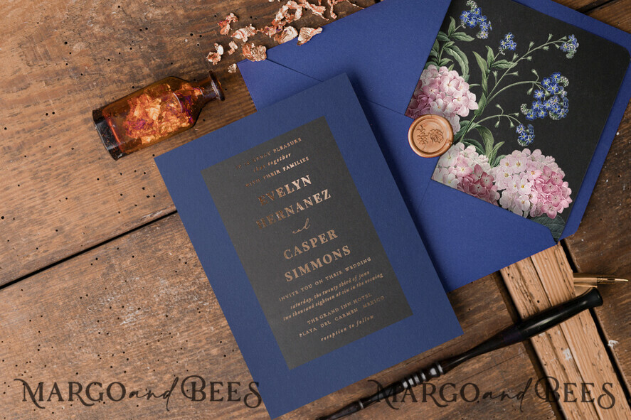 WEDDING INVITATIONS gold / rose gold / silver / glitter Luxury Indian Wedding Invitations, Glamour Gold Foil Wedding Invites, Bespoke Black Wedding Cards, Elegant Royal Navy Wedding Invitation Suite