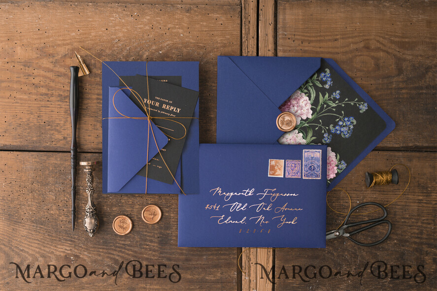 WEDDING INVITATIONS gold / rose gold / silver / glitter Luxury Indian Wedding Invitations, Glamour Gold Foil Wedding Invites, Bespoke Black Wedding Cards, Elegant Royal Navy Wedding Invitation Suite