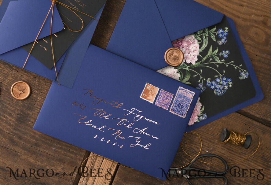 WEDDING INVITATIONS gold / rose gold / silver / glitter Luxury Indian Wedding Invitations, Glamour Gold Foil Wedding Invites, Bespoke Black Wedding Cards, Elegant Royal Navy Wedding Invitation Suite