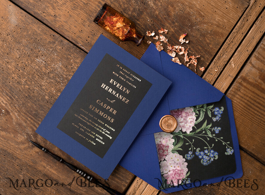 WEDDING INVITATIONS gold / rose gold / silver / glitter Luxury Indian Wedding Invitations, Glamour Gold Foil Wedding Invites, Bespoke Black Wedding Cards, Elegant Royal Navy Wedding Invitation Suite