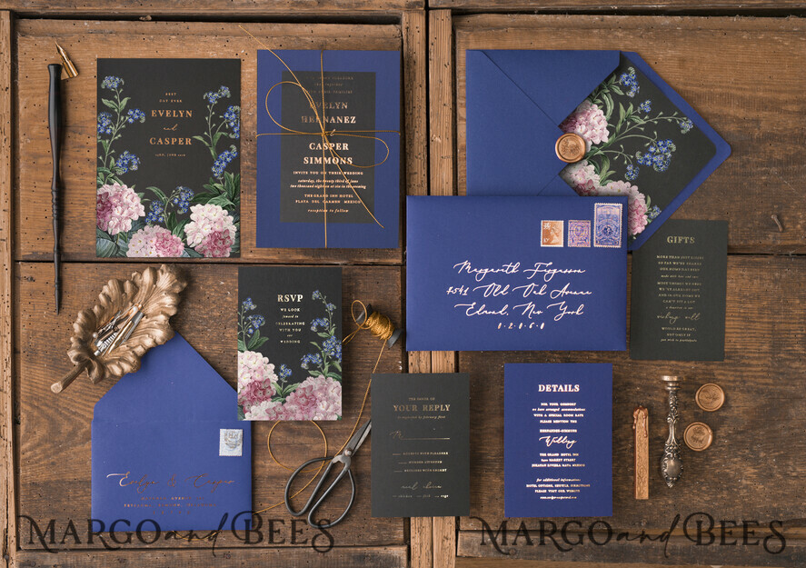 WEDDING INVITATIONS gold / rose gold / silver / glitter Luxury Indian Wedding Invitations, Glamour Gold Foil Wedding Invites, Bespoke Black Wedding Cards, Elegant Royal Navy Wedding Invitation Suite