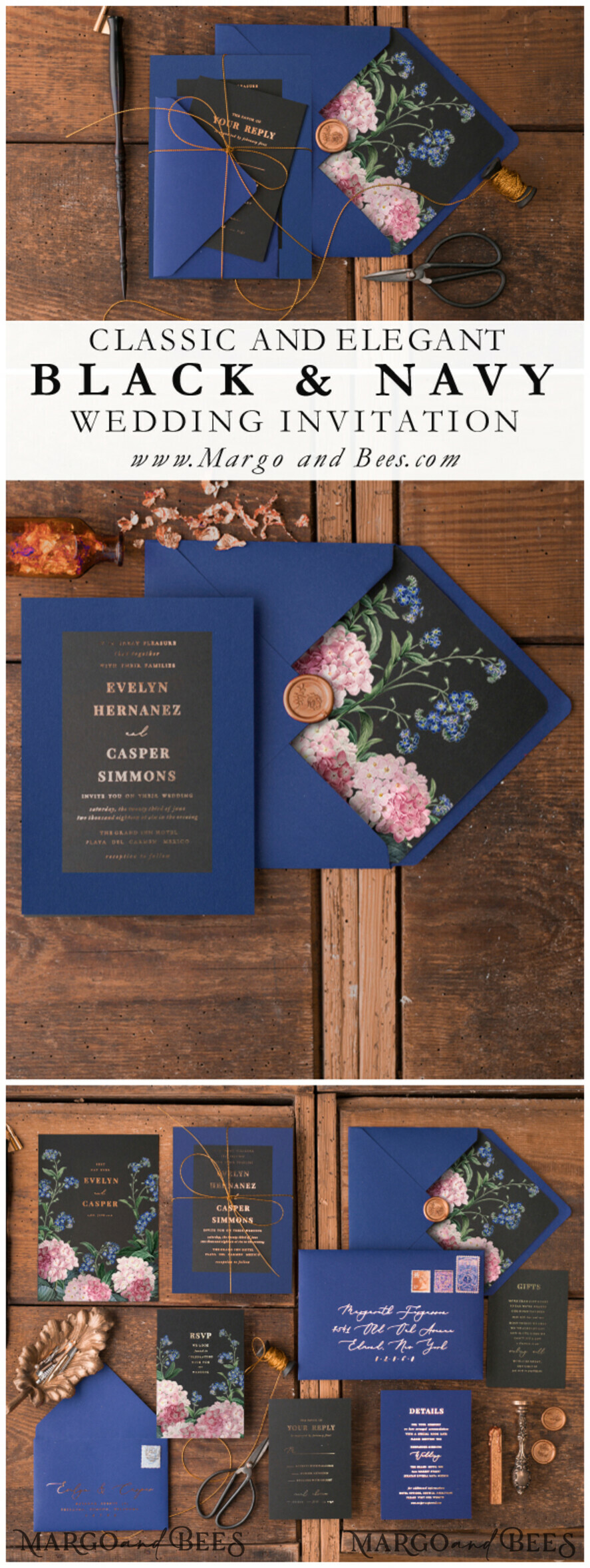 WEDDING INVITATIONS gold / rose gold / silver / glitter Luxury Indian Wedding Invitations, Glamour Gold Foil Wedding Invites, Bespoke Black Wedding Cards, Elegant Royal Navy Wedding Invitation Suite
