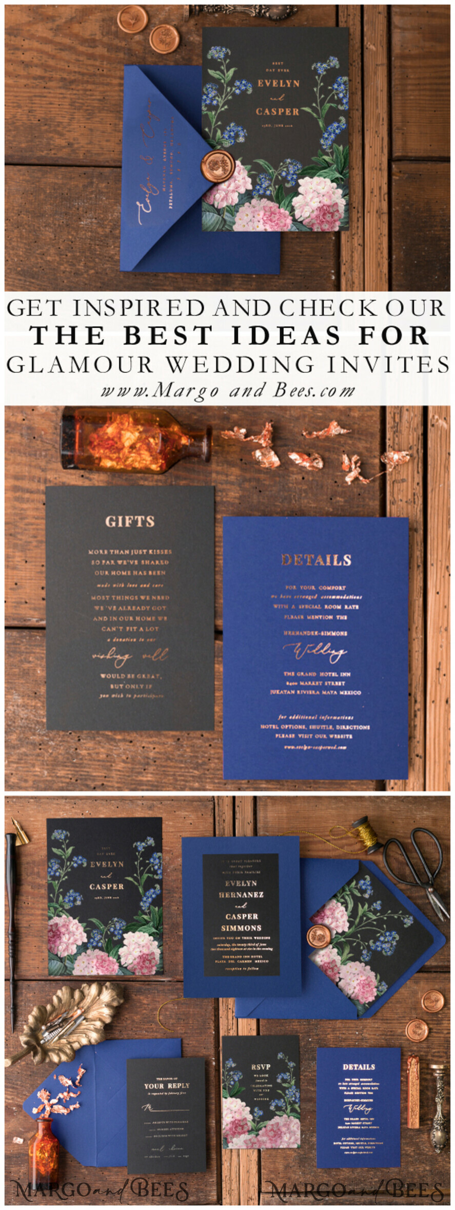 WEDDING INVITATIONS gold / rose gold / silver / glitter Luxury Indian Wedding Invitations, Glamour Gold Foil Wedding Invites, Bespoke Black Wedding Cards, Elegant Royal Navy Wedding Invitation Suite