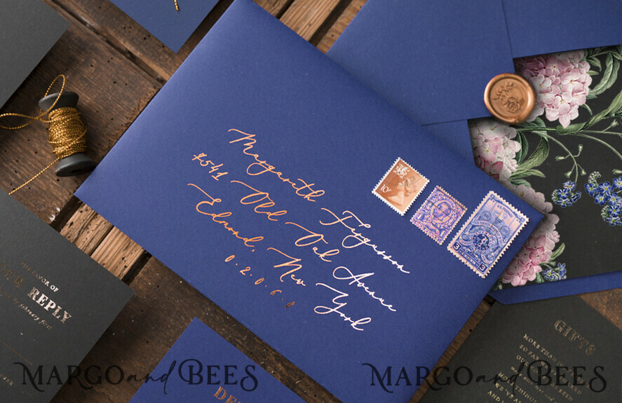 WEDDING INVITATIONS gold / rose gold / silver / glitter Luxury Indian Wedding Invitations, Glamour Gold Foil Wedding Invites, Bespoke Black Wedding Cards, Elegant Royal Navy Wedding Invitation Suite