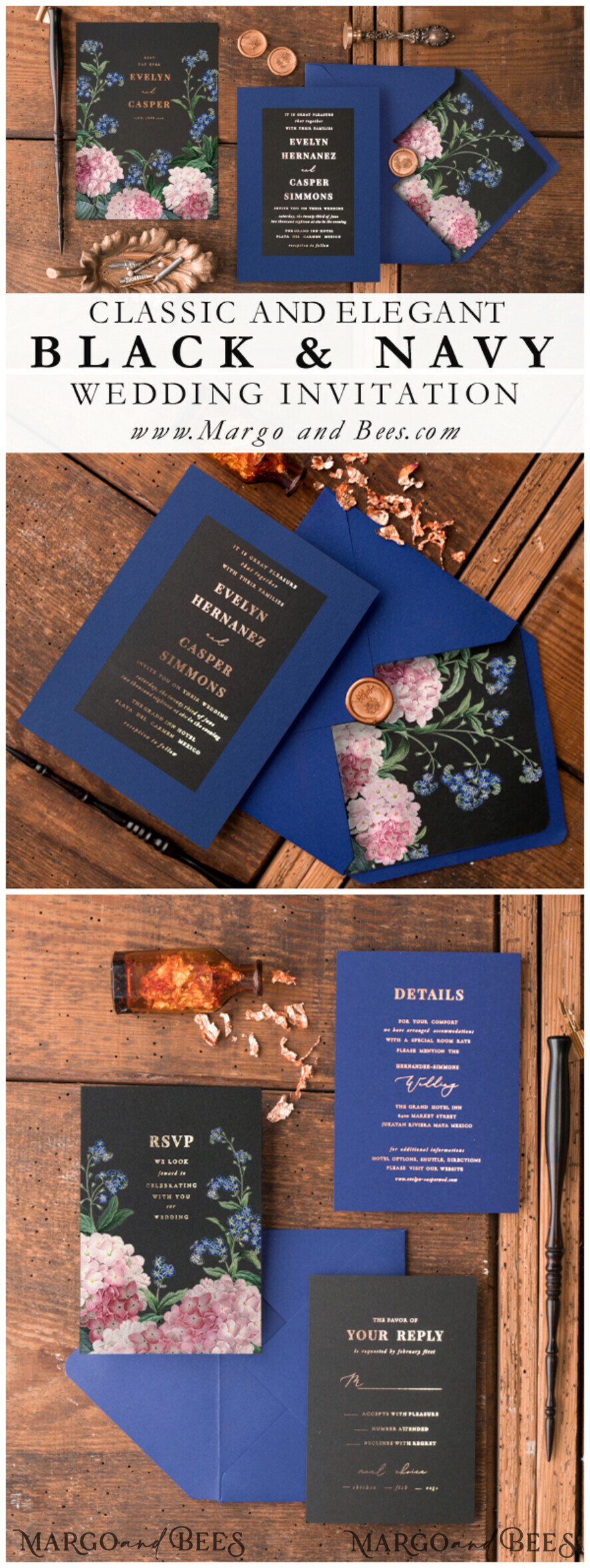WEDDING INVITATIONS gold / rose gold / silver / glitter Luxury Indian Wedding Invitations, Glamour Gold Foil Wedding Invites, Bespoke Black Wedding Cards, Elegant Royal Navy Wedding Invitation Suite