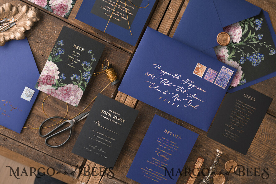 WEDDING INVITATIONS gold / rose gold / silver / glitter Luxury Indian Wedding Invitations, Glamour Gold Foil Wedding Invites, Bespoke Black Wedding Cards, Elegant Royal Navy Wedding Invitation Suite