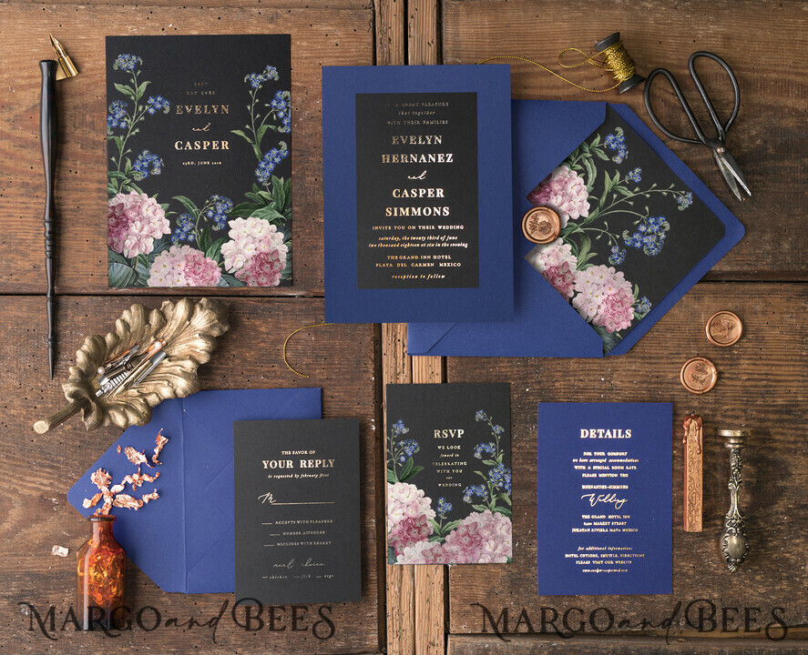 WEDDING INVITATIONS gold / rose gold / silver / glitter Luxury Indian Wedding Invitations, Glamour Gold Foil Wedding Invites, Bespoke Black Wedding Cards, Elegant Royal Navy Wedding Invitation Suite
