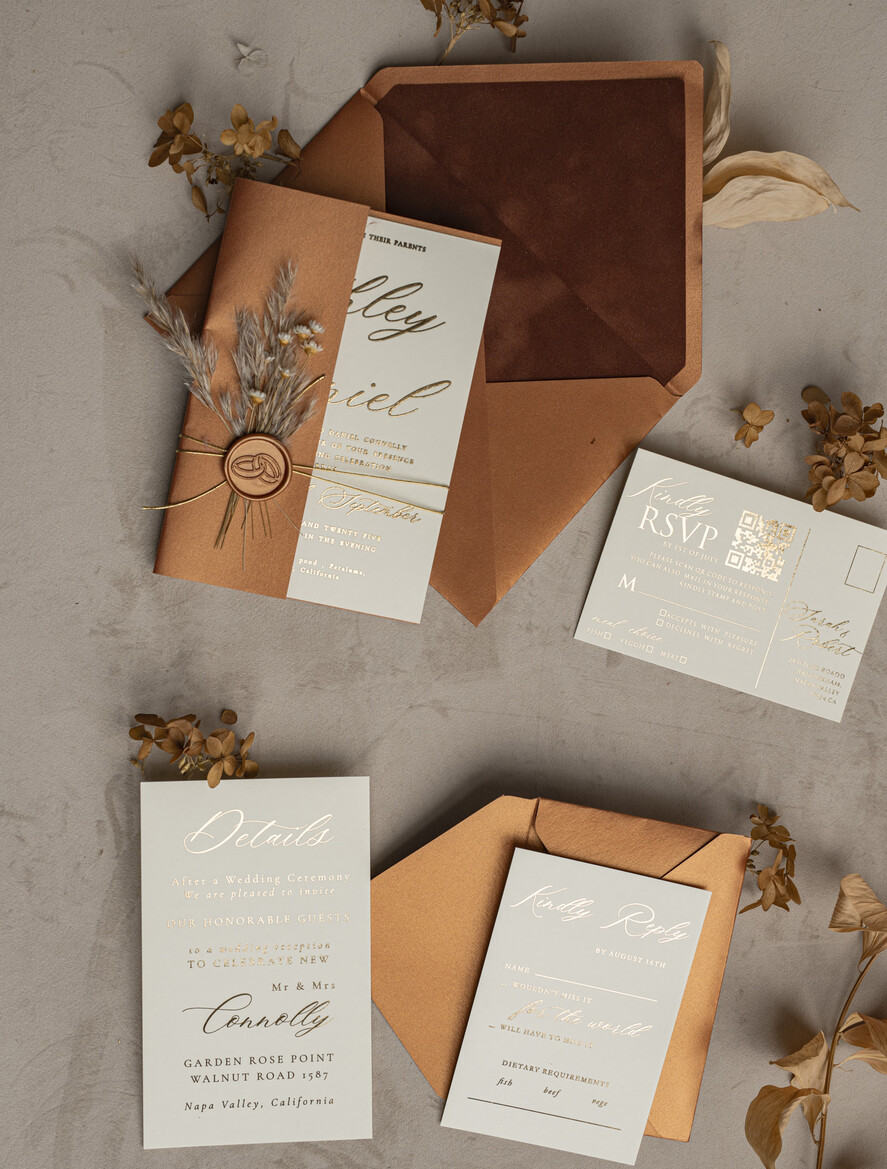 WEDDING INVITATIONS gold / rose gold / silver / glitter Fall Mirror gold Wedding Invitations, Elegant Terracotta Wedding Cards, Burnt orange Acrylic Wedding Invites, Mirror Gold Plexi Wedding Invitation Suite