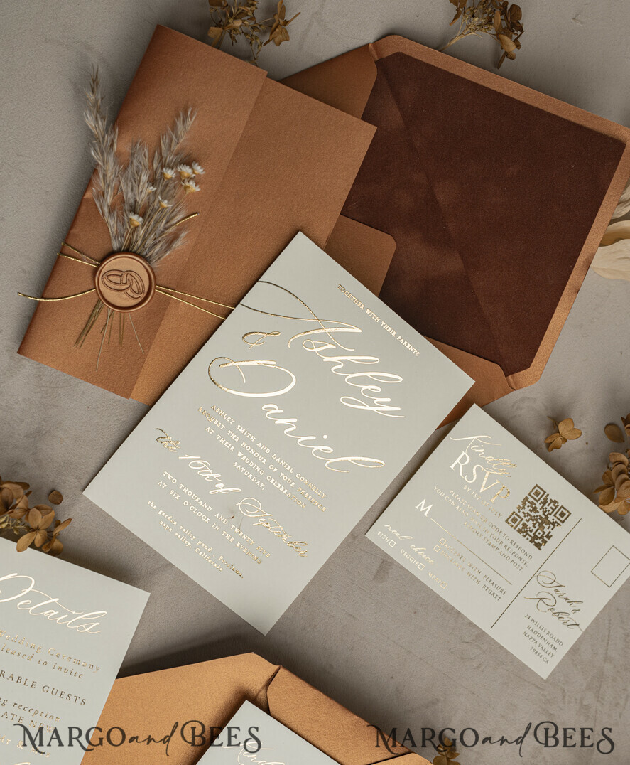 WEDDING INVITATIONS gold / rose gold / silver / glitter Fall Mirror gold Wedding Invitations, Elegant Terracotta Wedding Cards, Burnt orange Acrylic Wedding Invites, Mirror Gold Plexi Wedding Invitation Suite