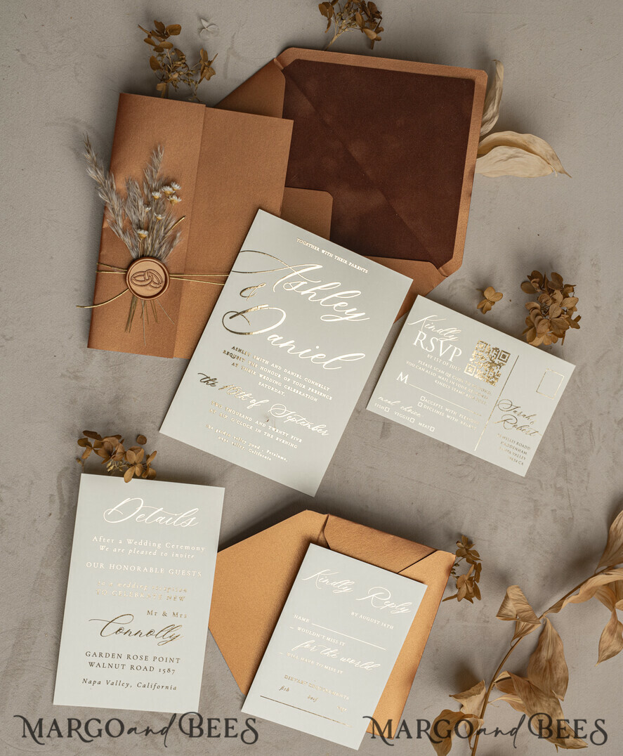 WEDDING INVITATIONS gold / rose gold / silver / glitter Fall Mirror gold Wedding Invitations, Elegant Terracotta Wedding Cards, Burnt orange Acrylic Wedding Invites, Mirror Gold Plexi Wedding Invitation Suite