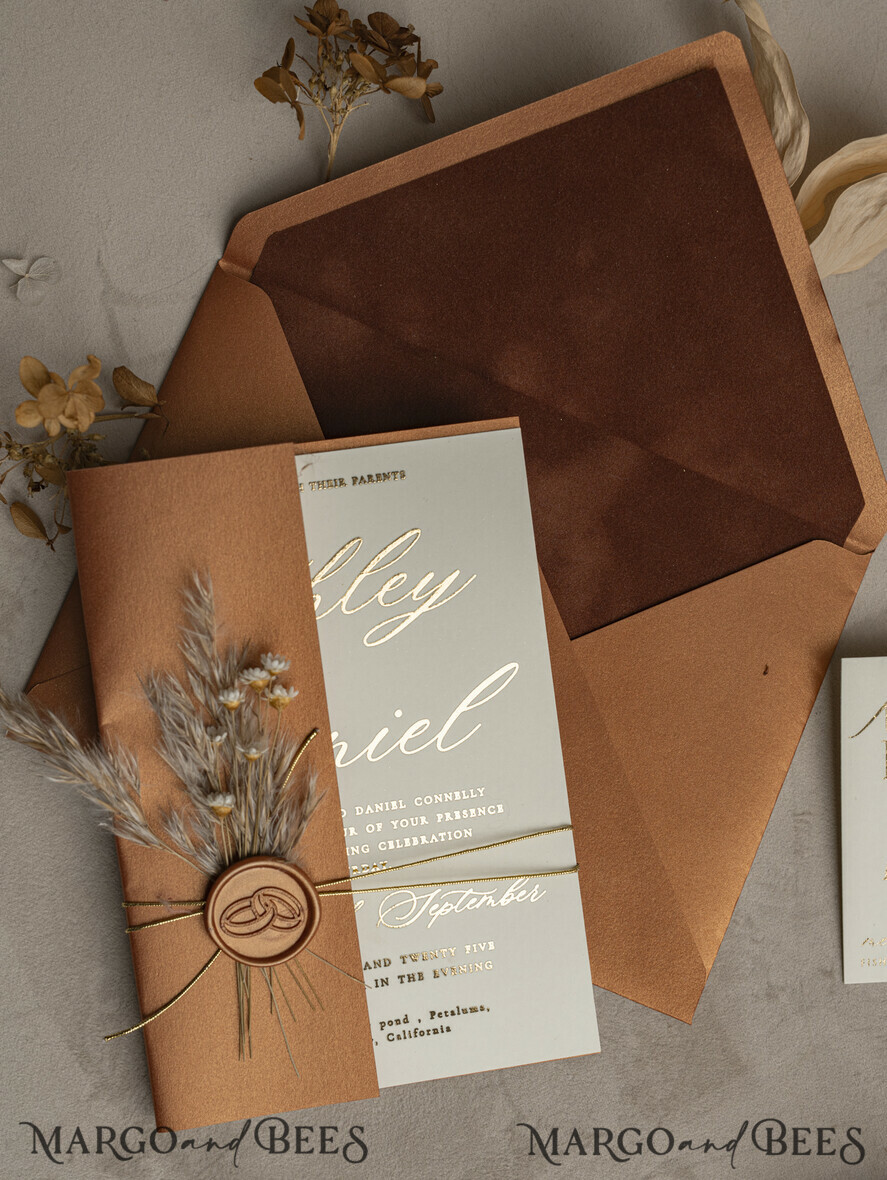 WEDDING INVITATIONS gold / rose gold / silver / glitter Fall Mirror gold Wedding Invitations, Elegant Terracotta Wedding Cards, Burnt orange Acrylic Wedding Invites, Mirror Gold Plexi Wedding Invitation Suite