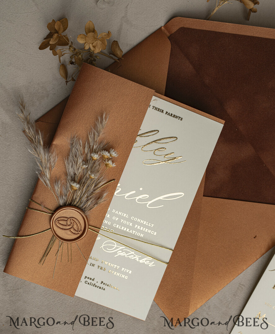 WEDDING INVITATIONS gold / rose gold / silver / glitter Fall Mirror gold Wedding Invitations, Elegant Terracotta Wedding Cards, Burnt orange Acrylic Wedding Invites, Mirror Gold Plexi Wedding Invitation Suite