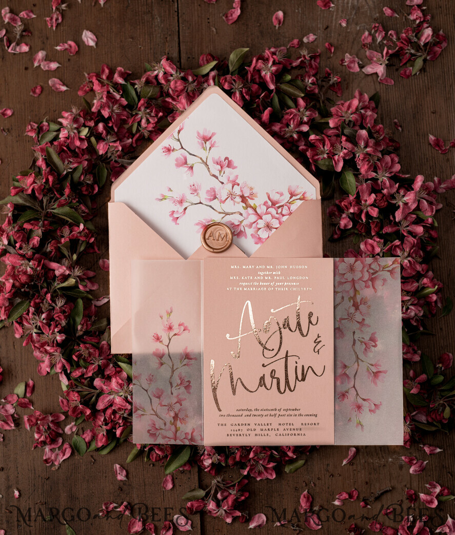 WEDDING INVITATIONS gold / rose gold / silver / glitter Luxury Golden Wedding Invitations, Romantic Pink Sakura Wedding Invites, Elegant Vellum Cherry Blossom Wedding Cards, Bespoke Blush Pink Wedding Invitation Suite