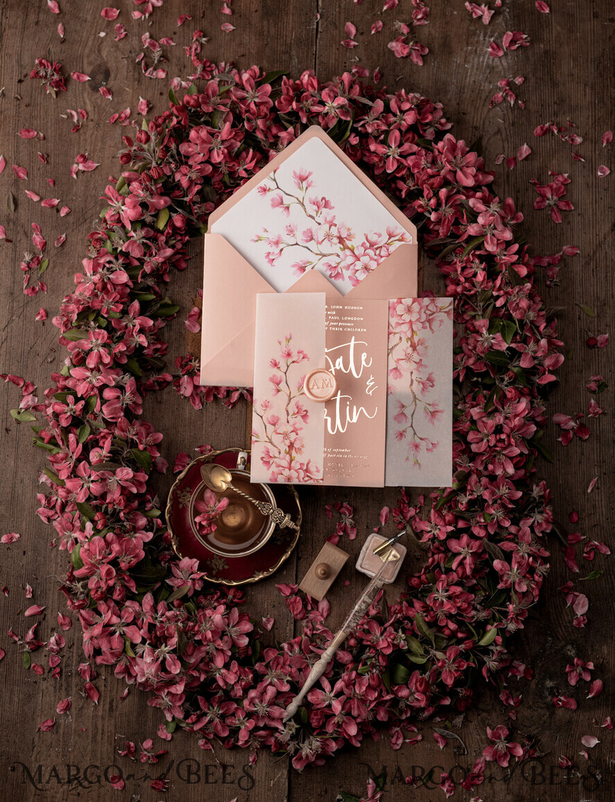 WEDDING INVITATIONS gold / rose gold / silver / glitter Luxury Golden Wedding Invitations, Romantic Pink Sakura Wedding Invites, Elegant Vellum Cherry Blossom Wedding Cards, Bespoke Blush Pink Wedding Invitation Suite