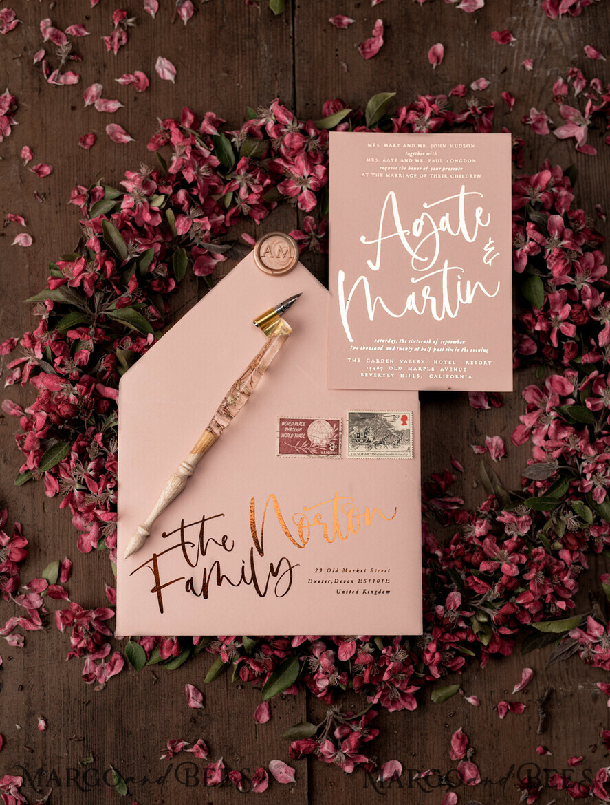 WEDDING INVITATIONS gold / rose gold / silver / glitter Luxury Golden Wedding Invitations, Romantic Pink Sakura Wedding Invites, Elegant Vellum Cherry Blossom Wedding Cards, Bespoke Blush Pink Wedding Invitation Suite