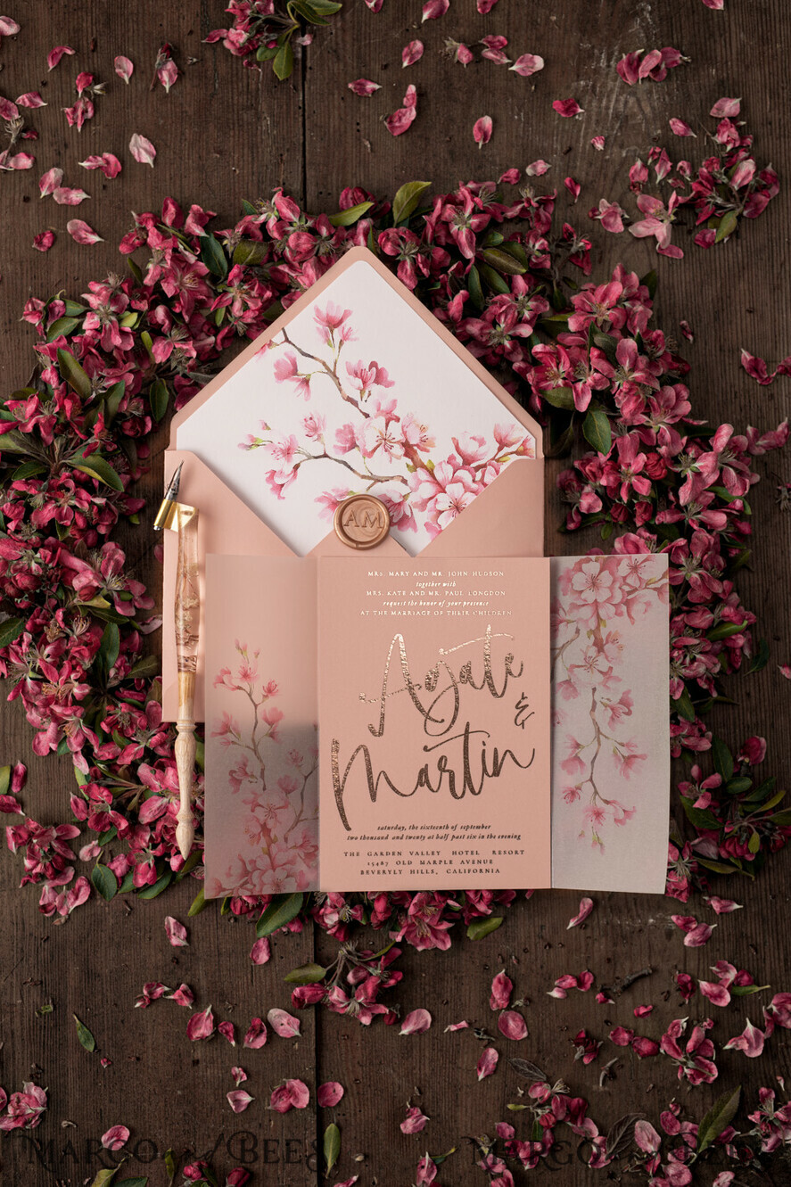 WEDDING INVITATIONS gold / rose gold / silver / glitter Luxury Golden Wedding Invitations, Romantic Pink Sakura Wedding Invites, Elegant Vellum Cherry Blossom Wedding Cards, Bespoke Blush Pink Wedding Invitation Suite