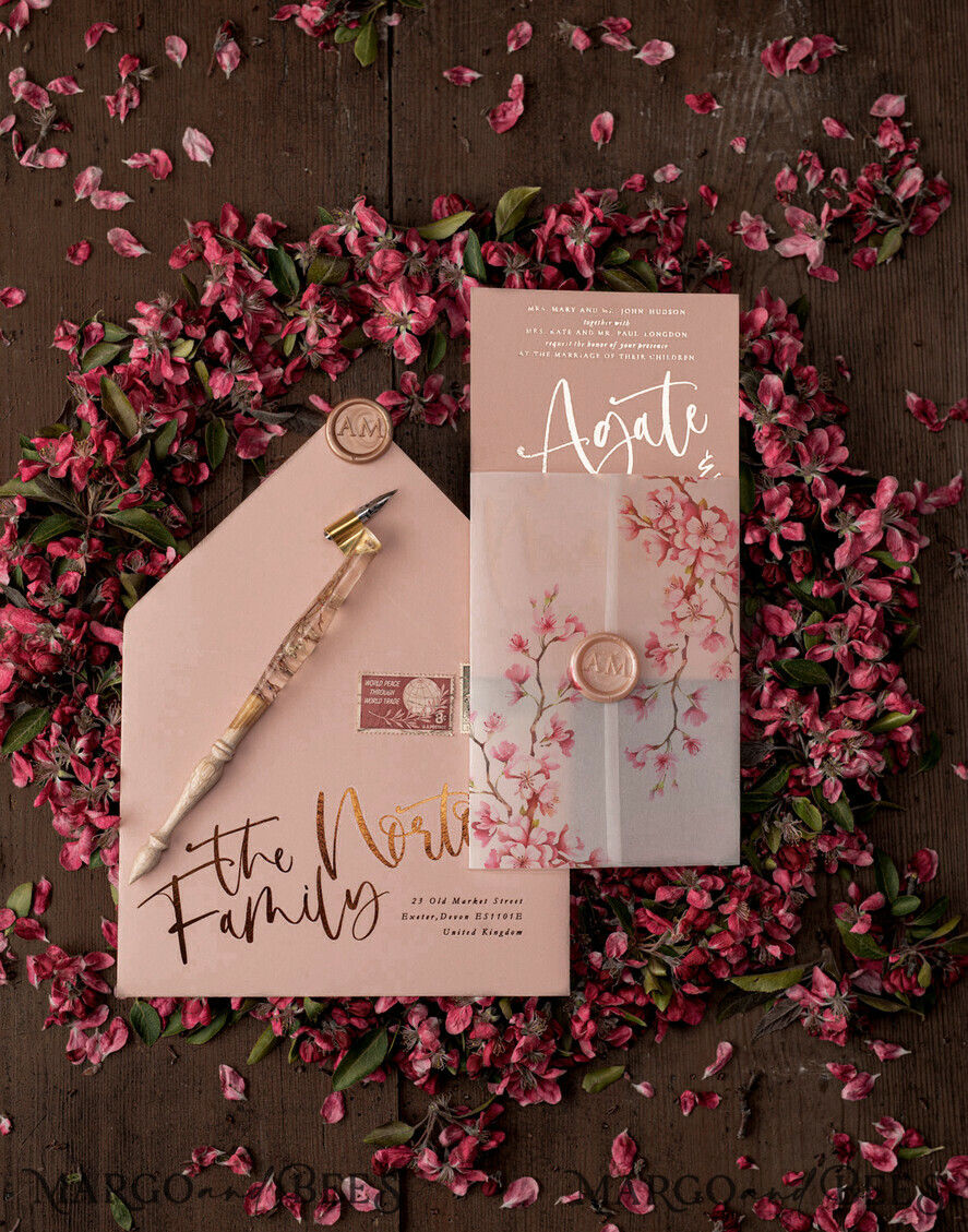 WEDDING INVITATIONS gold / rose gold / silver / glitter Luxury Golden Wedding Invitations, Romantic Pink Sakura Wedding Invites, Elegant Vellum Cherry Blossom Wedding Cards, Bespoke Blush Pink Wedding Invitation Suite