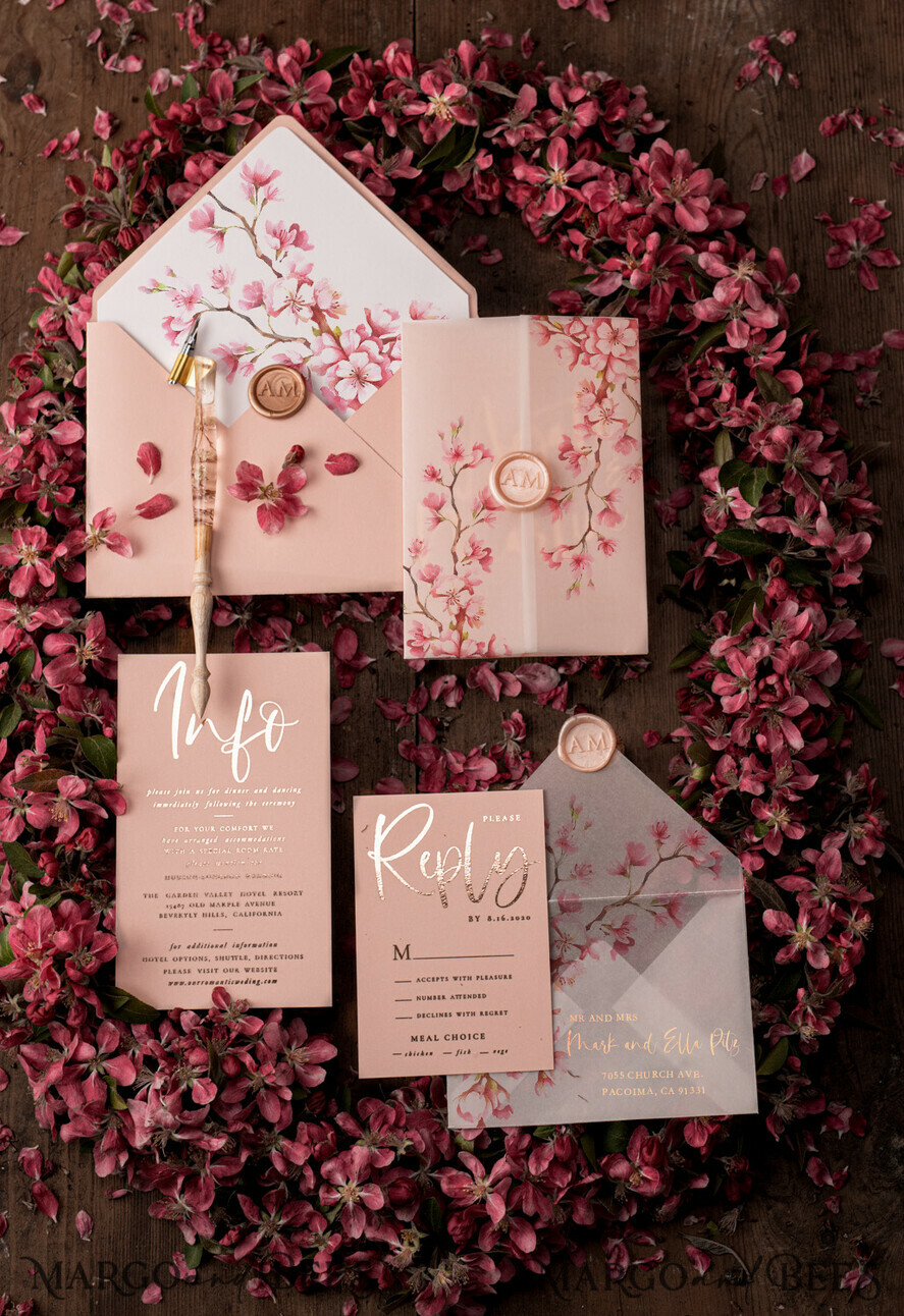 WEDDING INVITATIONS gold / rose gold / silver / glitter Luxury Golden Wedding Invitations, Romantic Pink Sakura Wedding Invites, Elegant Vellum Cherry Blossom Wedding Cards, Bespoke Blush Pink Wedding Invitation Suite