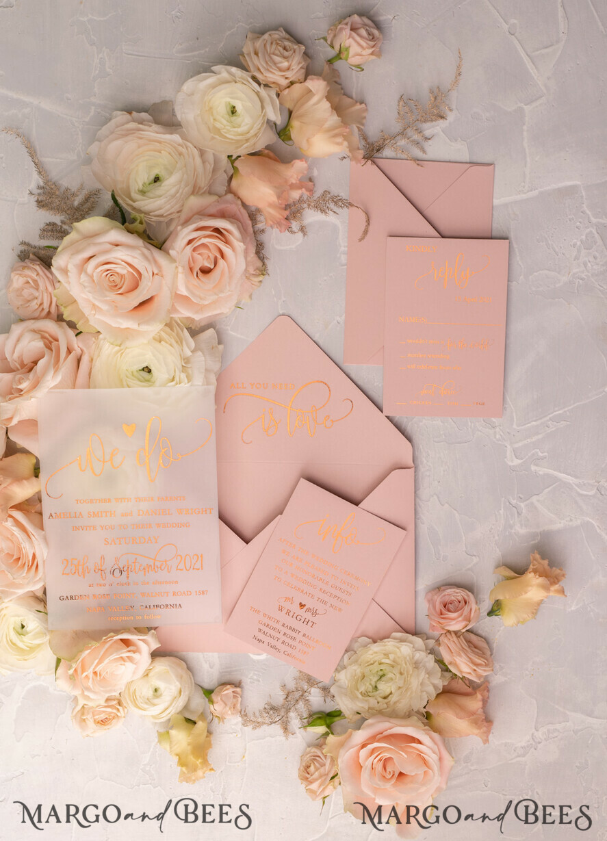 WEDDING INVITATIONS gold / rose gold / silver / glitter Glamour Vellum Wedding Invitations, Golden Shine Wedding Cards, Romantic Blush Pink Wedding Stationery, Elegant Gold Foil Wedding Invites