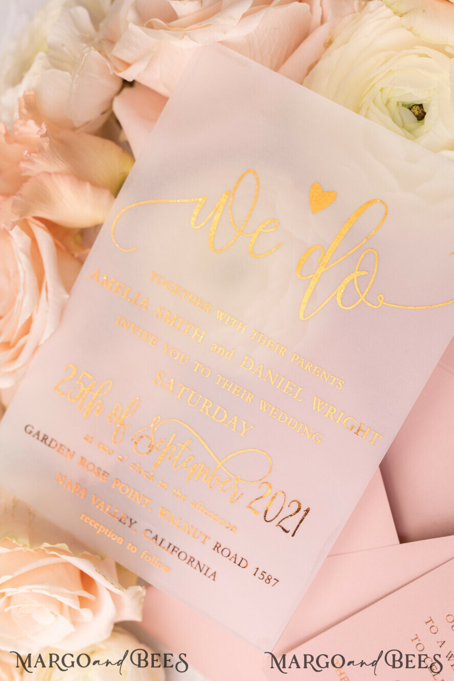 WEDDING INVITATIONS gold / rose gold / silver / glitter Glamour Vellum Wedding Invitations, Golden Shine Wedding Cards, Romantic Blush Pink Wedding Stationery, Elegant Gold Foil Wedding Invites