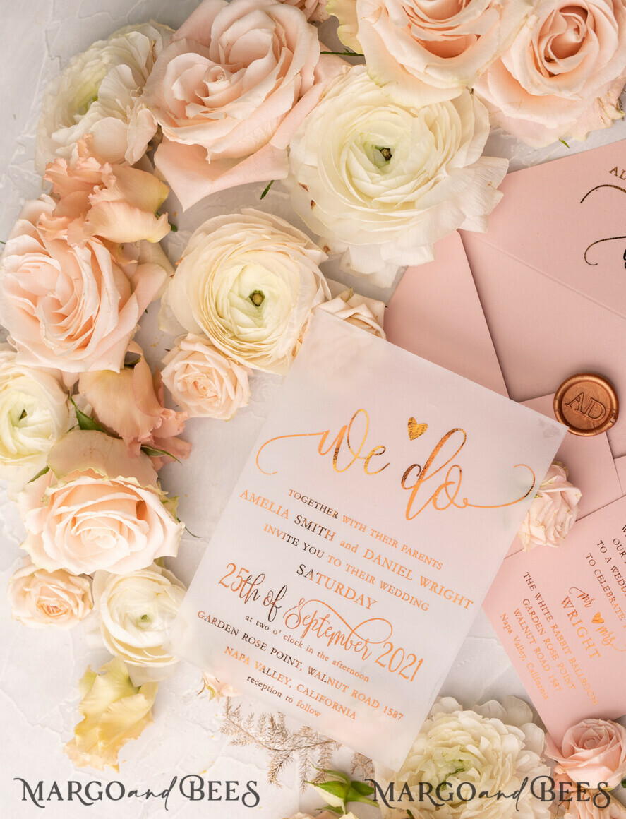 WEDDING INVITATIONS gold / rose gold / silver / glitter Glamour Vellum Wedding Invitations, Golden Shine Wedding Cards, Romantic Blush Pink Wedding Stationery, Elegant Gold Foil Wedding Invites