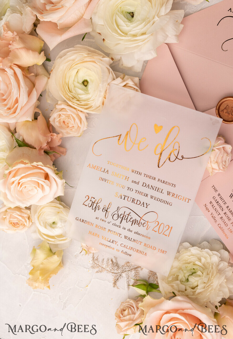 WEDDING INVITATIONS gold / rose gold / silver / glitter Glamour Vellum Wedding Invitations, Golden Shine Wedding Cards, Romantic Blush Pink Wedding Stationery, Elegant Gold Foil Wedding Invites