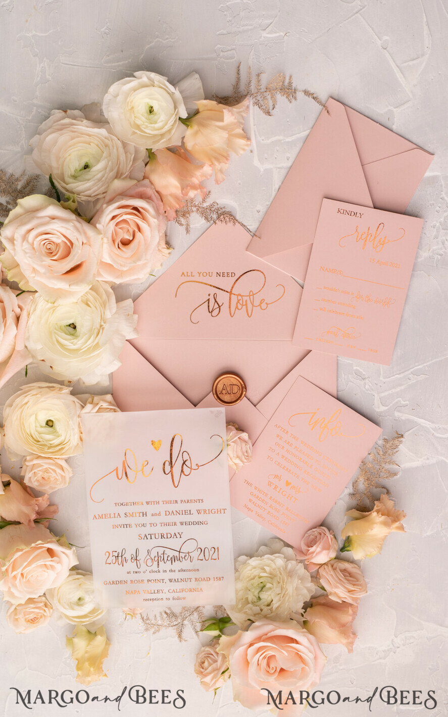 WEDDING INVITATIONS gold / rose gold / silver / glitter Glamour Vellum Wedding Invitations, Golden Shine Wedding Cards, Romantic Blush Pink Wedding Stationery, Elegant Gold Foil Wedding Invites