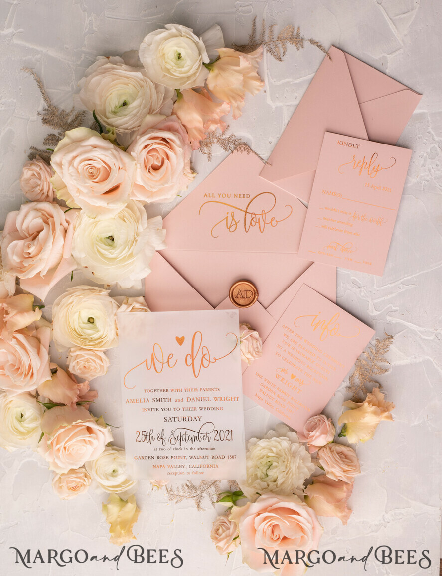 WEDDING INVITATIONS gold / rose gold / silver / glitter Glamour Vellum Wedding Invitations, Golden Shine Wedding Cards, Romantic Blush Pink Wedding Stationery, Elegant Gold Foil Wedding Invites