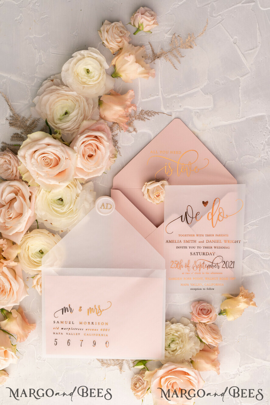 WEDDING INVITATIONS gold / rose gold / silver / glitter Glamour Vellum Wedding Invitations, Golden Shine Wedding Cards, Romantic Blush Pink Wedding Stationery, Elegant Gold Foil Wedding Invites