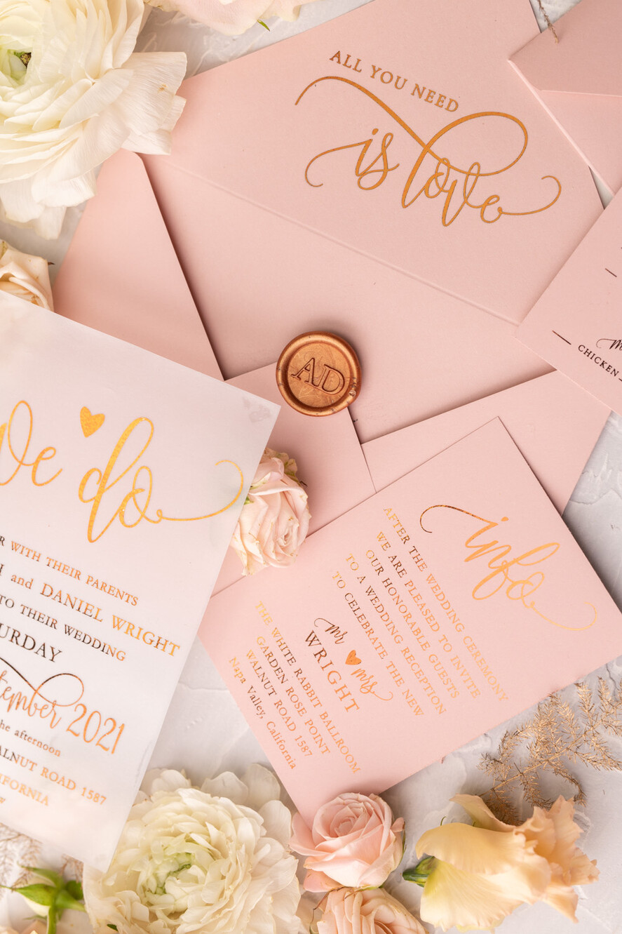 WEDDING INVITATIONS gold / rose gold / silver / glitter Glamour Vellum Wedding Invitations, Golden Shine Wedding Cards, Romantic Blush Pink Wedding Stationery, Elegant Gold Foil Wedding Invites