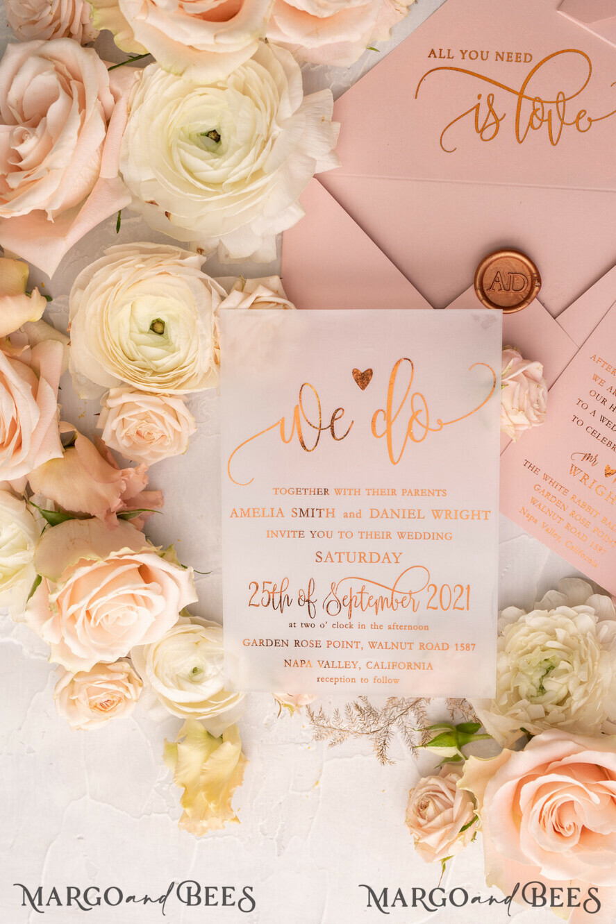 WEDDING INVITATIONS gold / rose gold / silver / glitter Glamour Vellum Wedding Invitations, Golden Shine Wedding Cards, Romantic Blush Pink Wedding Stationery, Elegant Gold Foil Wedding Invites