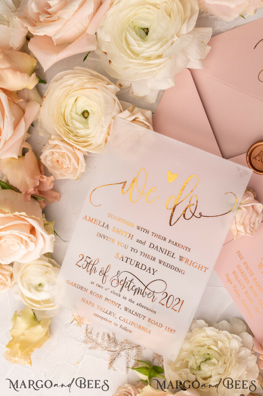 WEDDING INVITATIONS gold / rose gold / silver / glitter Glamour Vellum Wedding Invitations, Golden Shine Wedding Cards, Romantic Blush Pink Wedding Stationery, Elegant Gold Foil Wedding Invites