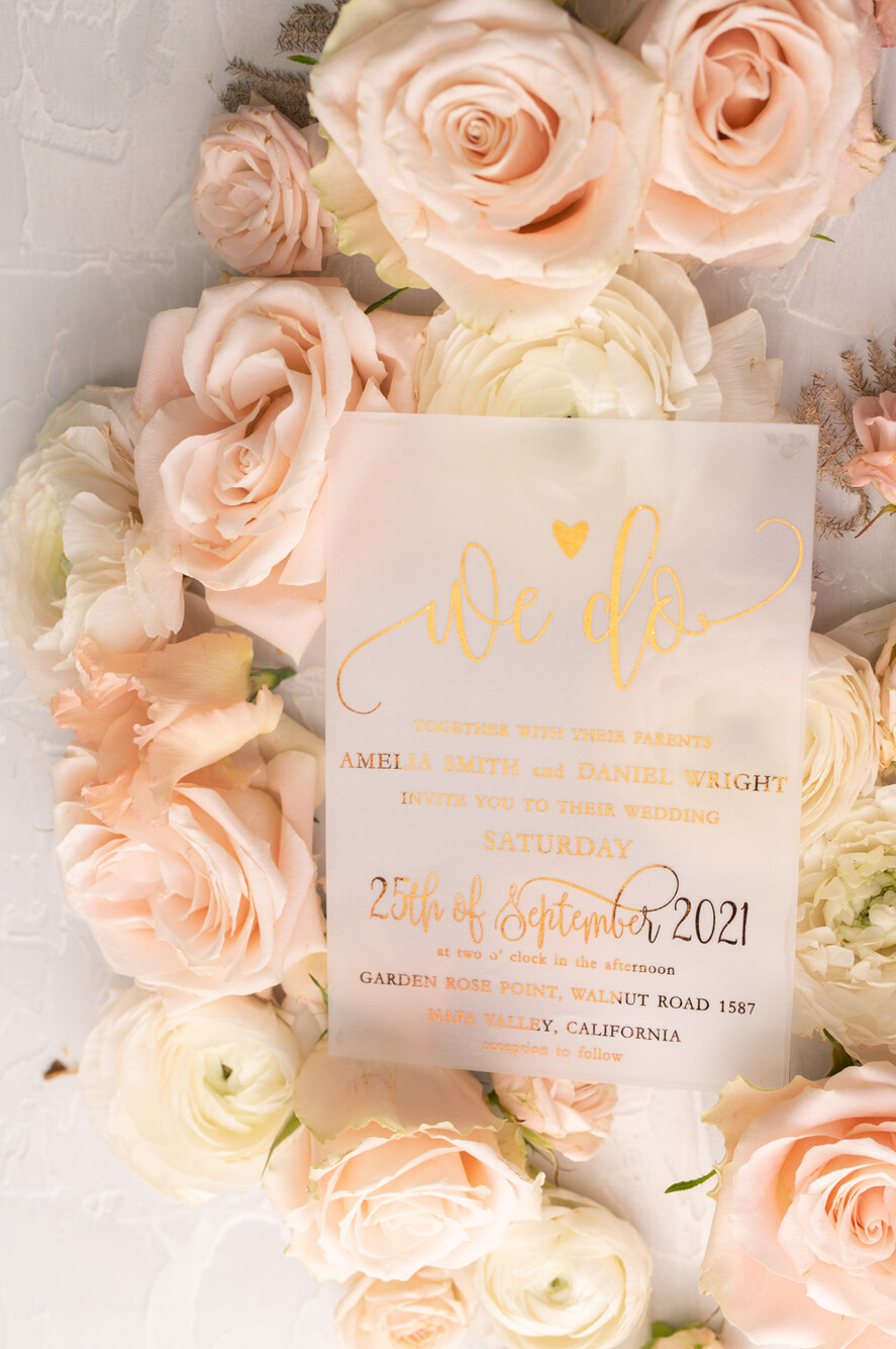 WEDDING INVITATIONS gold / rose gold / silver / glitter Glamour Vellum Wedding Invitations, Golden Shine Wedding Cards, Romantic Blush Pink Wedding Stationery, Elegant Gold Foil Wedding Invites