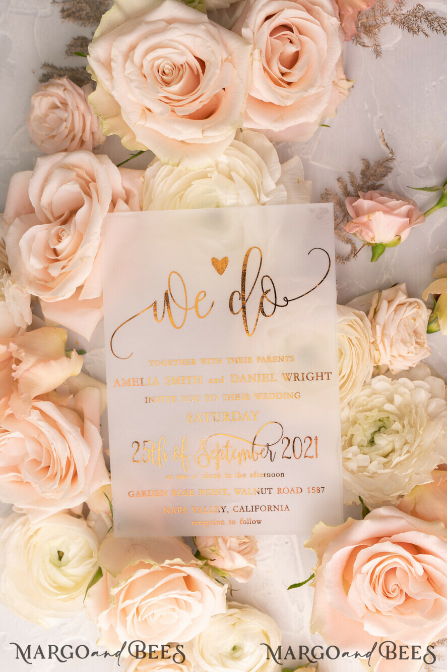 WEDDING INVITATIONS gold / rose gold / silver / glitter Glamour Vellum Wedding Invitations, Golden Shine Wedding Cards, Romantic Blush Pink Wedding Stationery, Elegant Gold Foil Wedding Invites