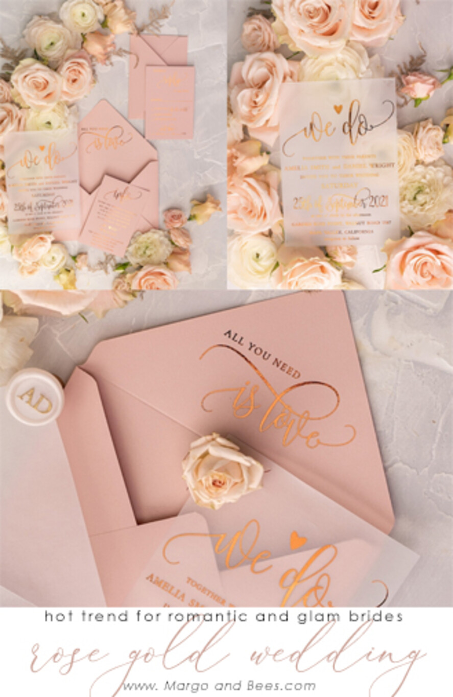 WEDDING INVITATIONS gold / rose gold / silver / glitter Glamour Vellum Wedding Invitations, Golden Shine Wedding Cards, Romantic Blush Pink Wedding Stationery, Elegant Gold Foil Wedding Invites