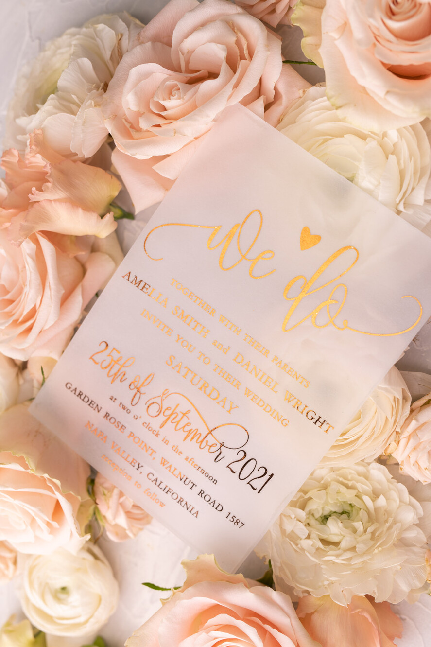 WEDDING INVITATIONS gold / rose gold / silver / glitter Glamour Vellum Wedding Invitations, Golden Shine Wedding Cards, Romantic Blush Pink Wedding Stationery, Elegant Gold Foil Wedding Invites