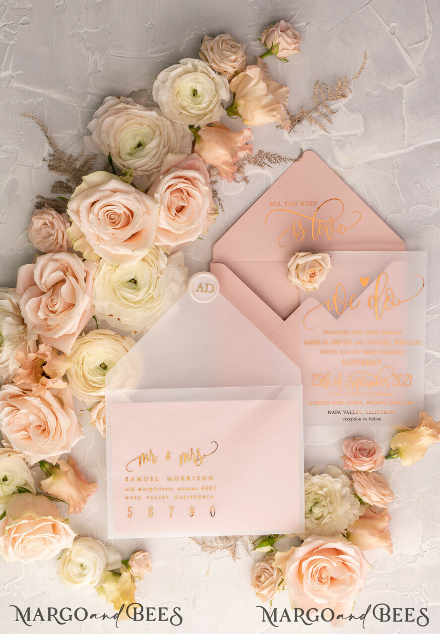 WEDDING INVITATIONS gold / rose gold / silver / glitter Glamour Vellum Wedding Invitations, Golden Shine Wedding Cards, Romantic Blush Pink Wedding Stationery, Elegant Gold Foil Wedding Invites