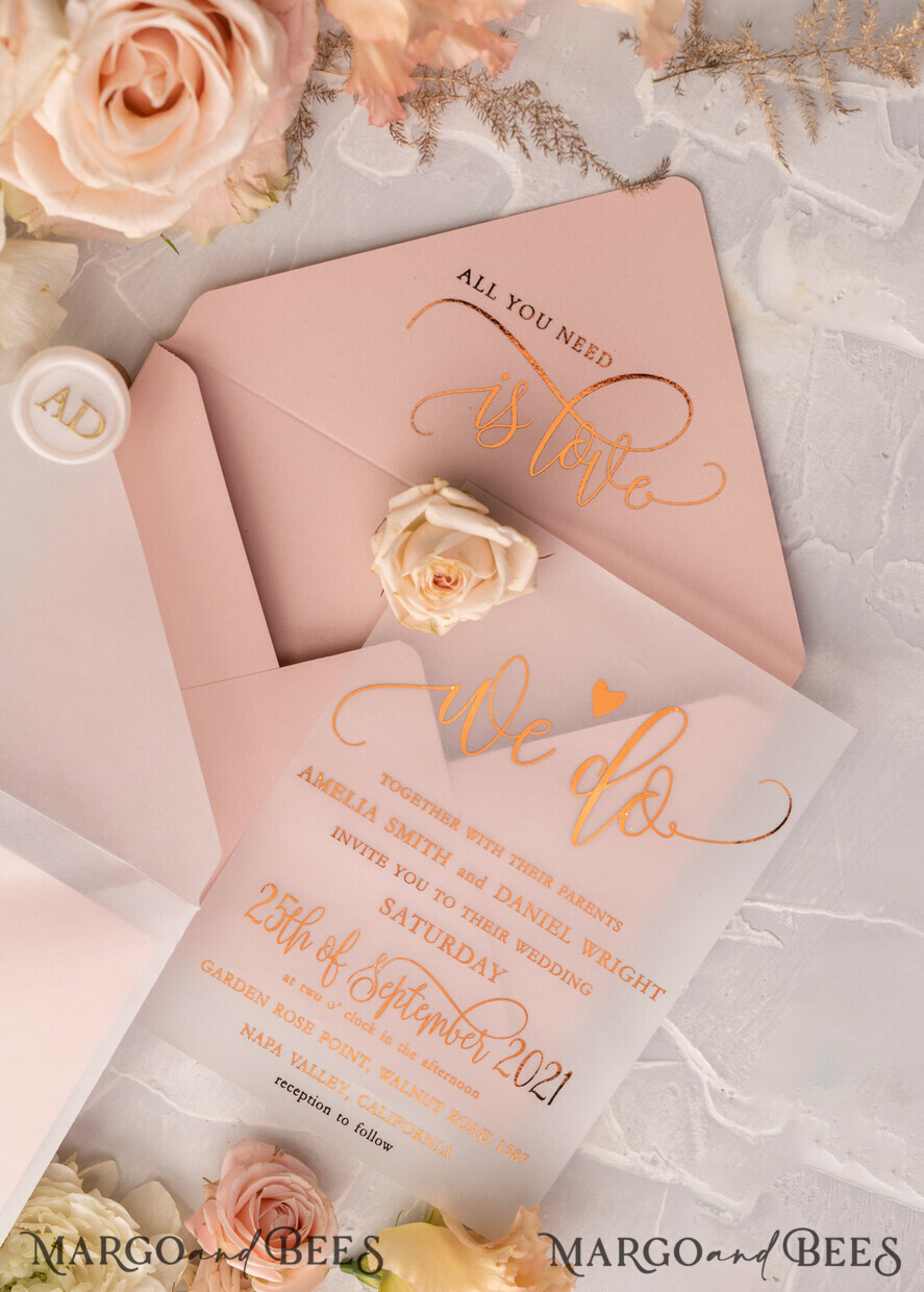 WEDDING INVITATIONS gold / rose gold / silver / glitter Glamour Vellum Wedding Invitations, Golden Shine Wedding Cards, Romantic Blush Pink Wedding Stationery, Elegant Gold Foil Wedding Invites