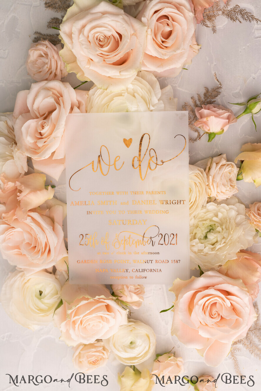 WEDDING INVITATIONS gold / rose gold / silver / glitter Glamour Vellum Wedding Invitations, Golden Shine Wedding Cards, Romantic Blush Pink Wedding Stationery, Elegant Gold Foil Wedding Invites