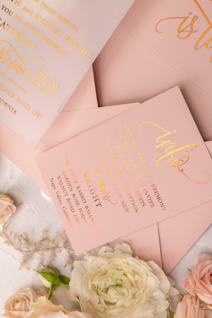 WEDDING INVITATIONS gold / rose gold / silver / glitter Glamour Vellum Wedding Invitations, Golden Shine Wedding Cards, Romantic Blush Pink Wedding Stationery, Elegant Gold Foil Wedding Invites