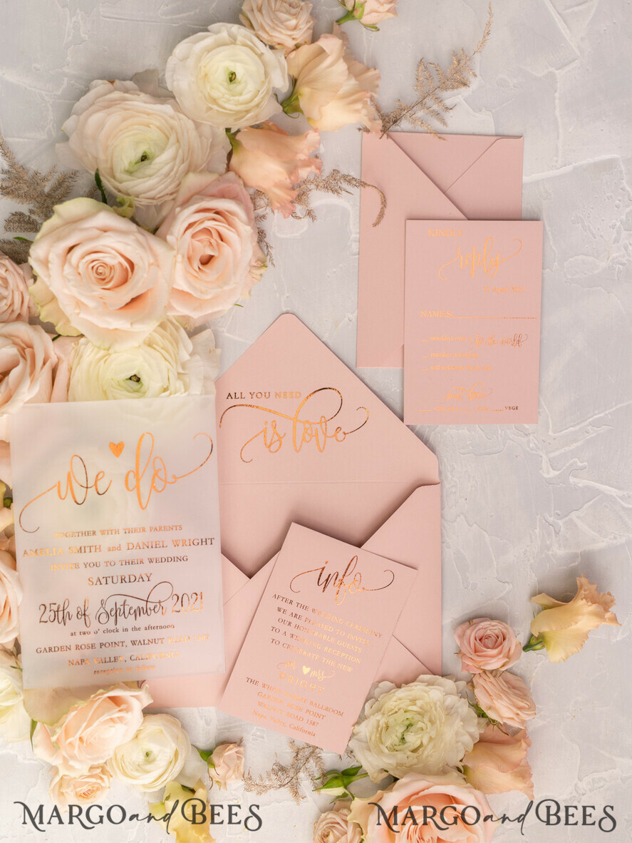 WEDDING INVITATIONS gold / rose gold / silver / glitter Glamour Vellum Wedding Invitations, Golden Shine Wedding Cards, Romantic Blush Pink Wedding Stationery, Elegant Gold Foil Wedding Invites