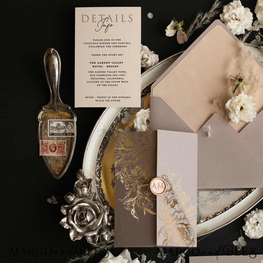 WEDDING INVITATIONS gold / rose gold / silver / glitter Luxury Golden Shine Wedding Invitations, Romantic Cappuccino Wedding Cards, Glamour Velvet Wedding Invites, Modern Gold Foil Wedding Stationery